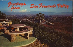 View of the Valley from picnic area at the top of Topanga Canyon Road. Postmarked August 25, 1968, San Fernando.